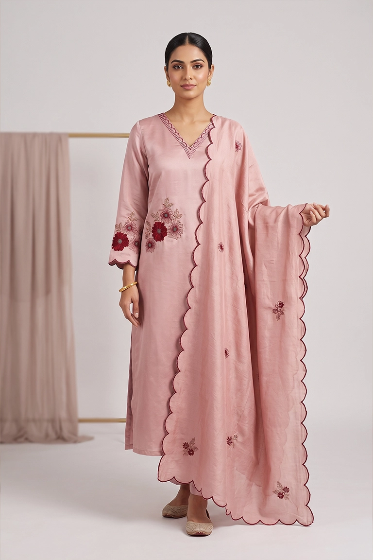Blush Pink Embroidered Co-ord Set with Embroidered Dupatta